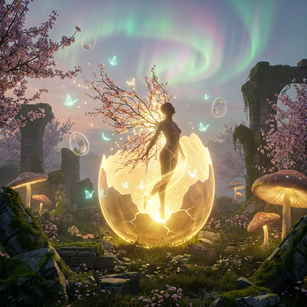 Glowing figure with blossom wings emerging from a cracked egg in a magical garden.