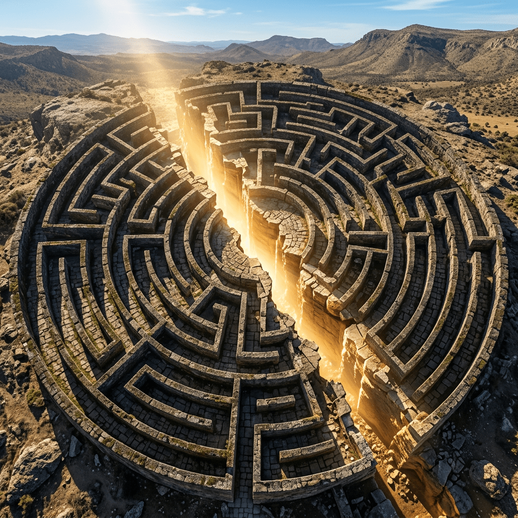 Circular stone labyrinth cracked open with golden light shining through fissure