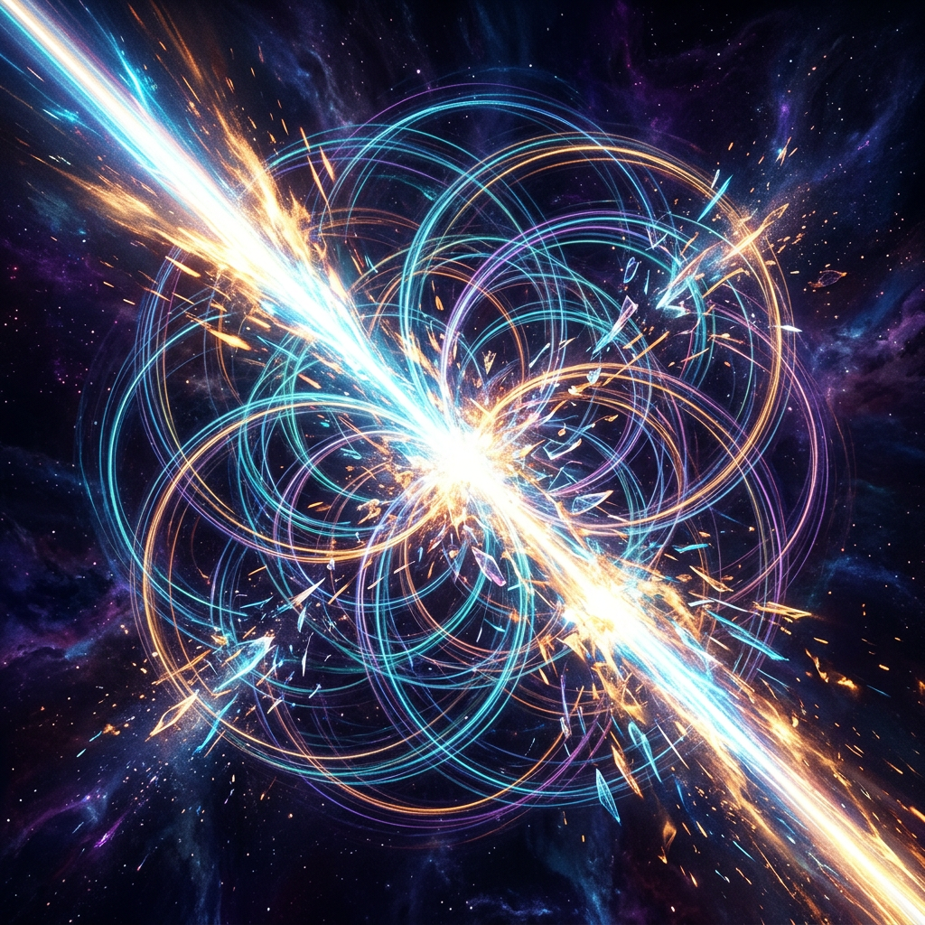 Bright particle collision with energy bursts and orbiting light trails in space