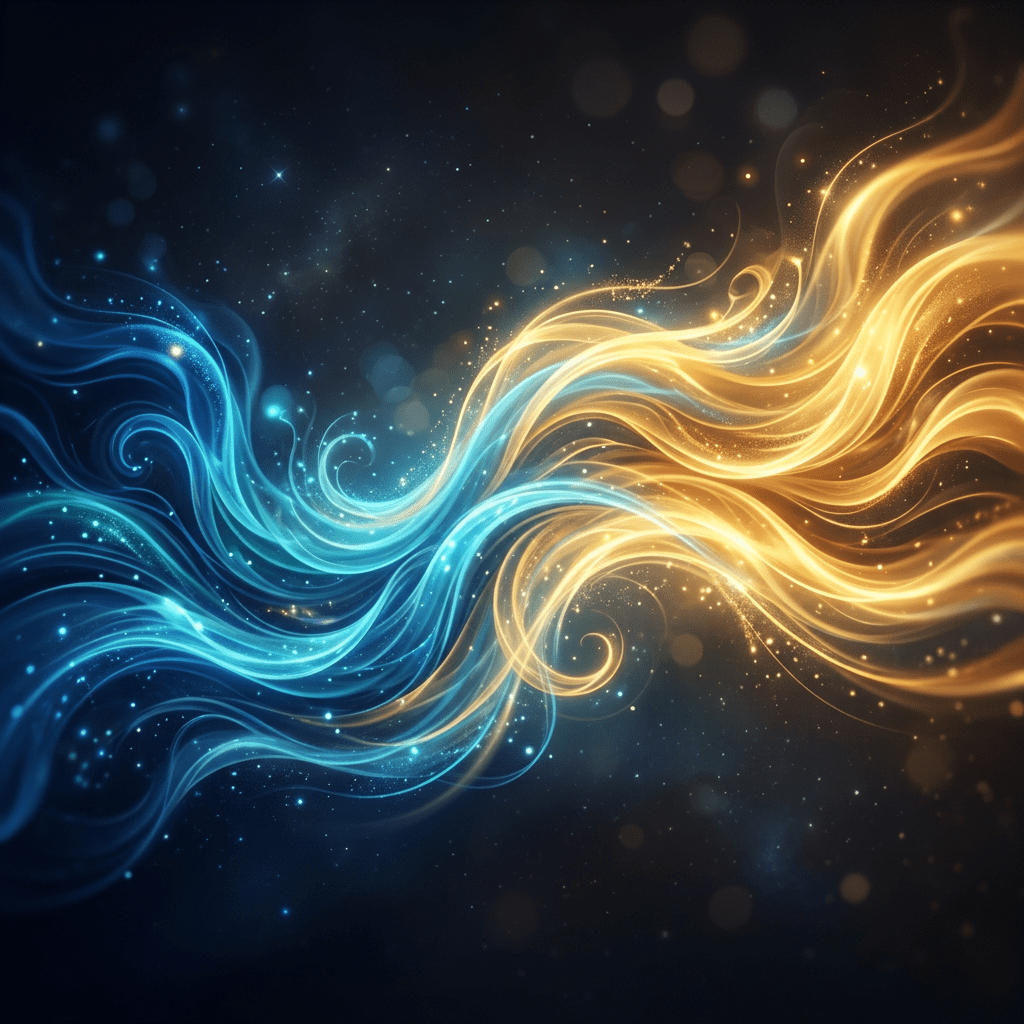 Swirling blue and gold luminous ribbons flowing and merging in cosmic space