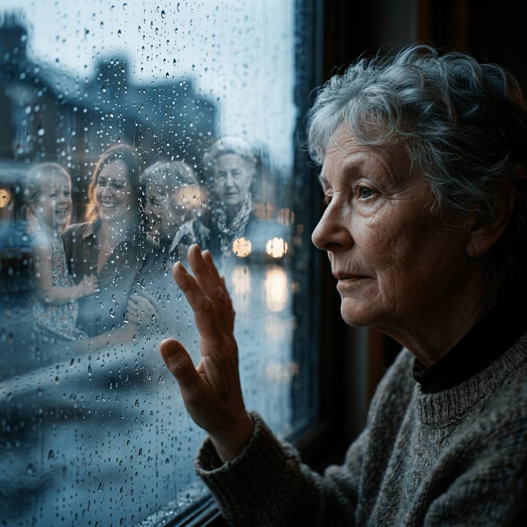 Elderly woman touching rainy window, reflecting on family memories