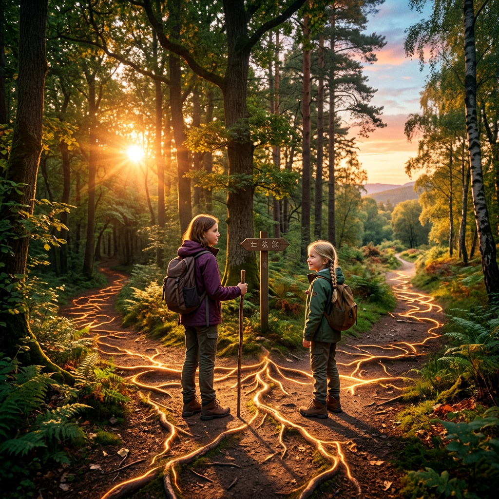 Two children standing at a forest fork with glowing roots and a signpost.